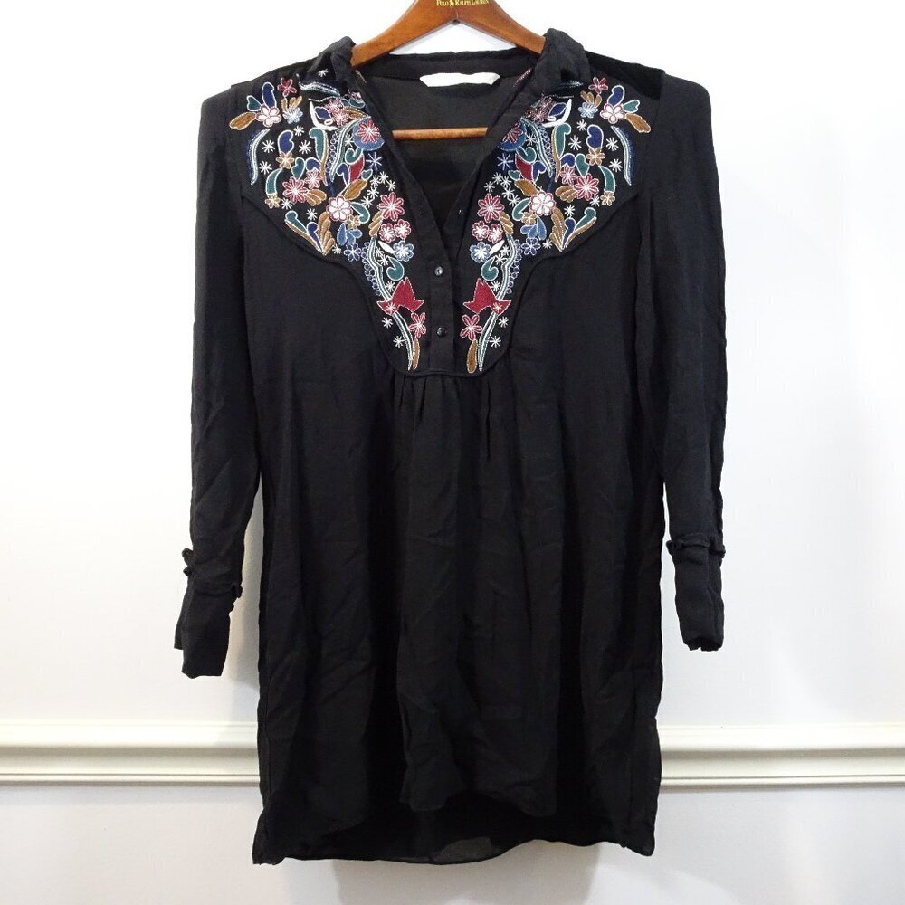 Zara Black Embroidered Tunic Top Dress S Velvet Back Boho Romantic Metallic
